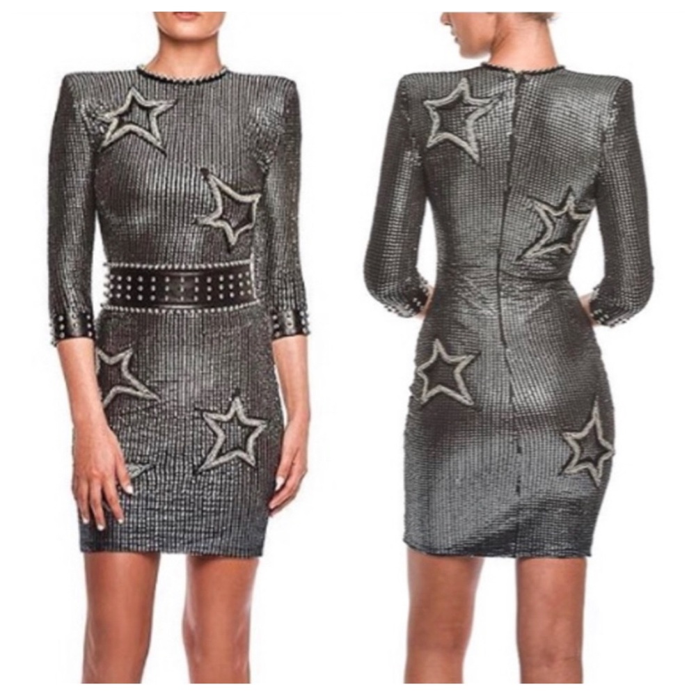 NADINE MERABI Silver Sequin Star Embellished Mini Dress